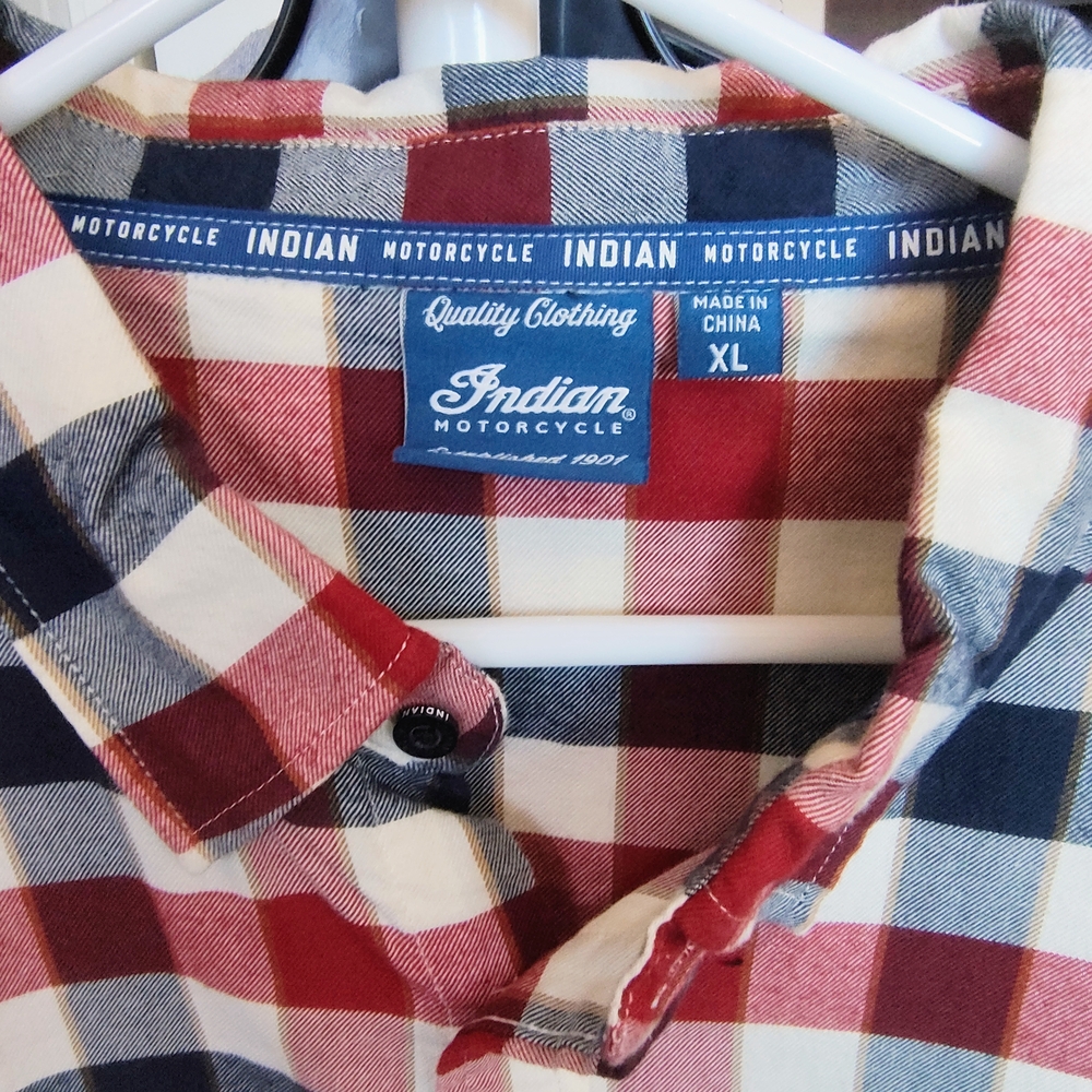 Indian Motorcycle Men's Red and Blue Plaid Shirt